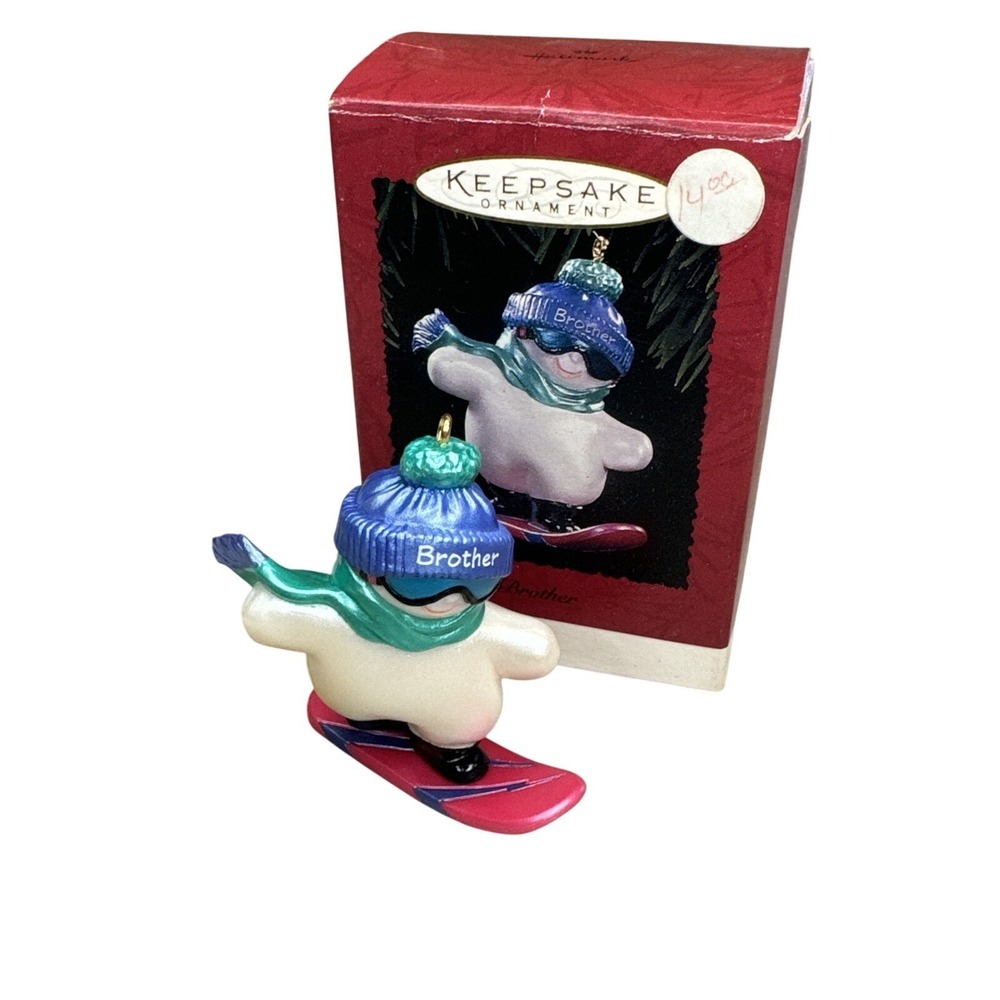 Hallmark Keepsake‎ Ornament 1995 "Brother"  Snowman on a Snowboard With Box